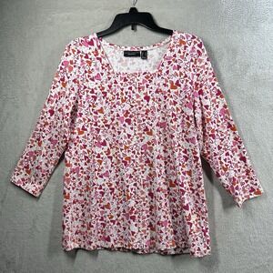 Susan Graver Weekend 3/4 Sleeve Top Women's M All-Over Heart Print Square Neck